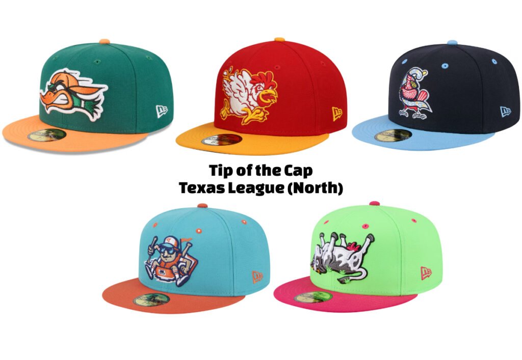 The 6 minor league baseball hats from the Texas League (North) selected by Ned Donovan for Tip of the Cap