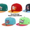 The 6 minor league baseball hats from the Texas League (North) selected by Ned Donovan for Tip of the Cap