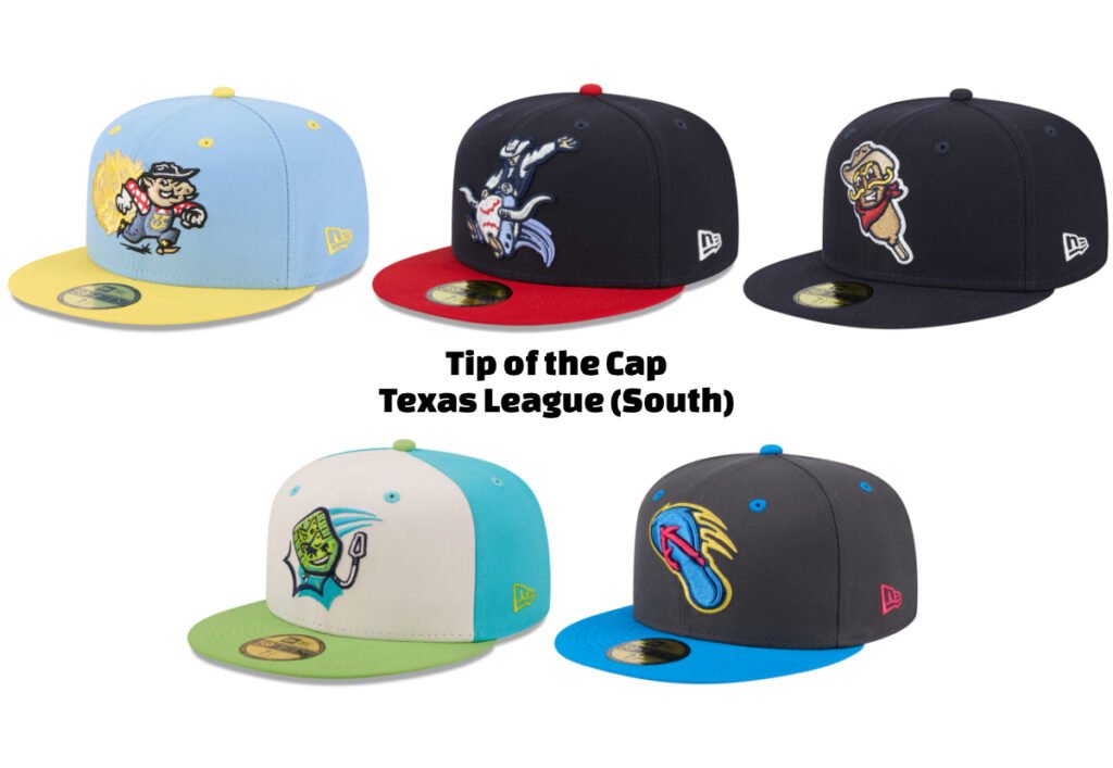 The minor league baseball hats selected for the Texas League South Division